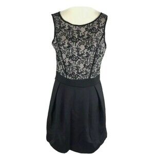 Mark Womans Dress Size S Black Beige Sleeveless Pleated Lace Overlay